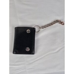 Mens Black Genuine Leather Trifold Biker Wallet with Detachable Chain Snaps